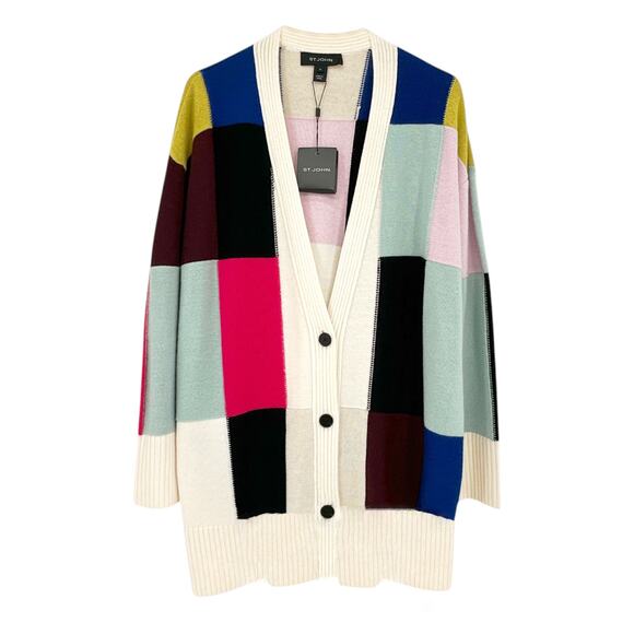 ST. JOHN Colorblock Cashmere Blend Cardigan M - Picture 1 of 10